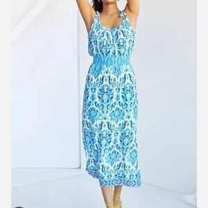 Plenty by Tracy Reese Large White Blue Sundress Smocked Adjustable Strap Dress